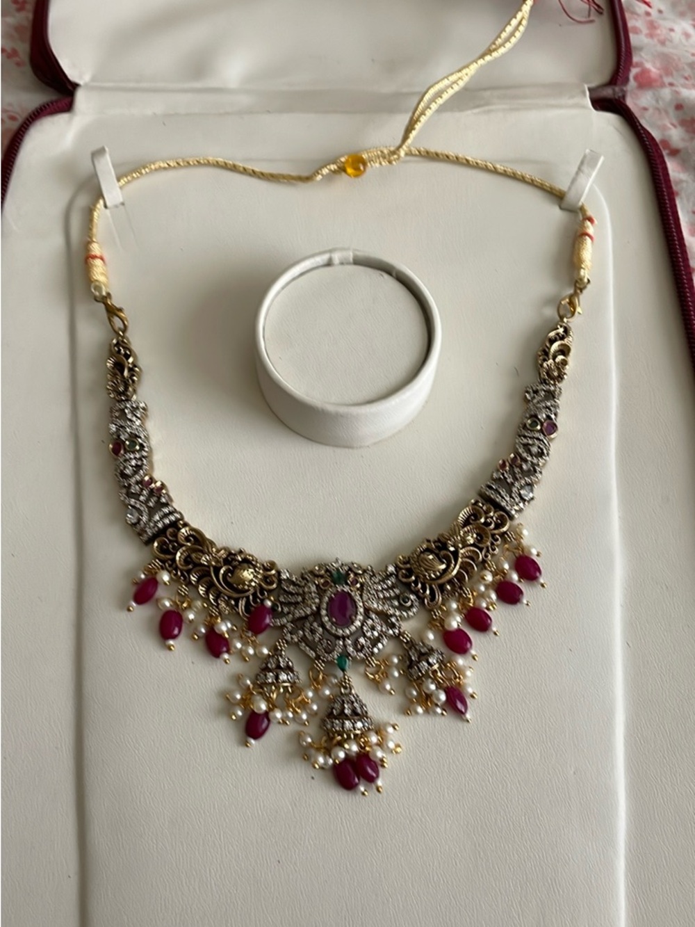 Gold-Tone Traditional Necklace with Pink Gem Accents